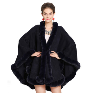 Cloak Knit Design Faux Fur Trim Poncho Shawls For Women - Ailime Designs