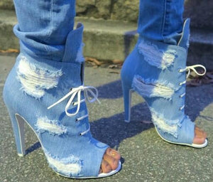 Blue Wash Denim Peep Toe Design Ankle Boots - Ailime Designs