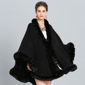 Cloak Knit Design Faux Fur Trim Poncho Shawls For Women - Ailime Designs