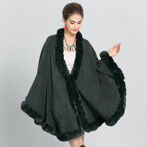 Cloak Knit Design Faux Fur Trim Poncho Shawls For Women - Ailime Designs