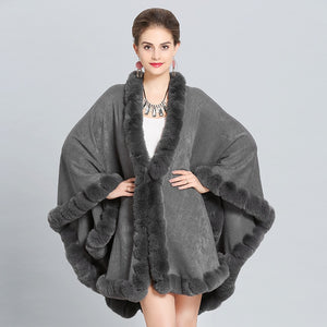 Cloak Knit Design Faux Fur Trim Poncho Shawls For Women - Ailime Designs