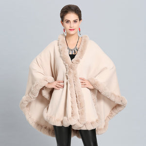 Cloak Knit Design Faux Fur Trim Poncho Shawls For Women - Ailime Designs