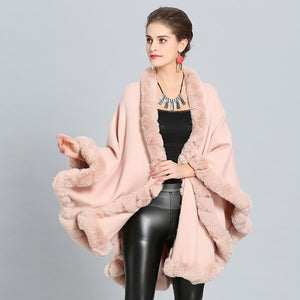 Cloak Knit Design Faux Fur Trim Poncho Shawls For Women - Ailime Designs