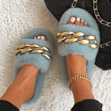 Load image into Gallery viewer, Ailime Designs - Gold Chain-link Design Blue Faux Fur Slippers For Women