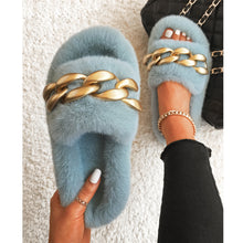 Load image into Gallery viewer, Ailime Designs - Gold Chain-link Design Blue Faux Fur Slippers For Women