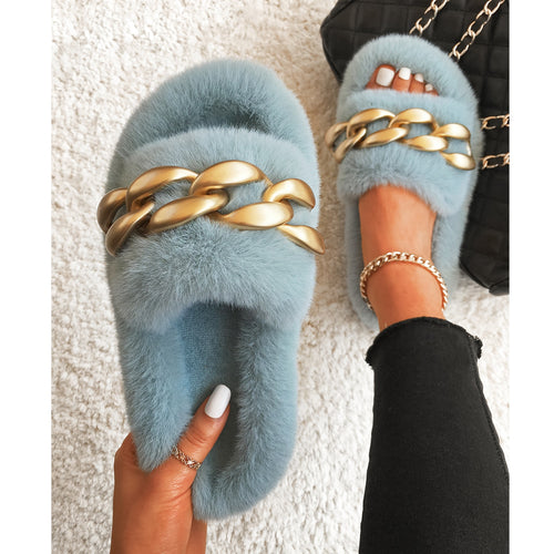 Ailime Designs - Gold Chain-link Design Blue Faux Fur Slippers For Women