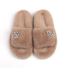 Load image into Gallery viewer, Ailime Designs - Crystal Motif Design White Faux Fur Slippers For Women