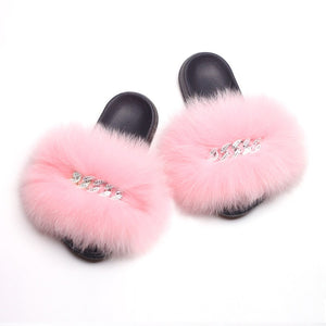 Ailime Designs - Crystal Chain-link Design Genuine Fox Fur Slippers