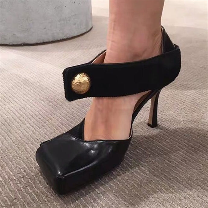 Women's Sexy Black Square Toe Design Heels - Ailime Designs