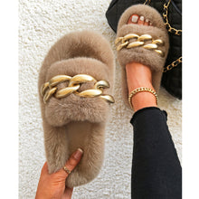 Load image into Gallery viewer, Ailime Designs - Gold Chain-link Design Blue Faux Fur Slippers For Women