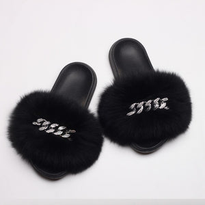 Ailime Designs - Crystal Chain-link Design Genuine Fox Fur Slippers