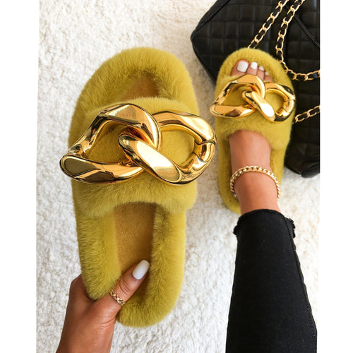 Ailime Designs - Chain-link Ornament Design Yellow Plush Faux Fur Slippers
