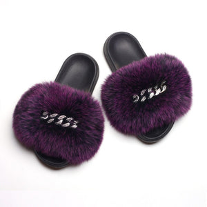 Ailime Designs - Crystal Chain-link Design Genuine Fox Fur Slippers