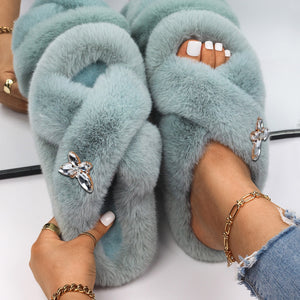 Ailime Designs - Crystal Butterfly Faux Fur Slippers