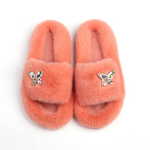 Load image into Gallery viewer, Ailime Designs - Crystal Motif Design White Faux Fur Slippers For Women