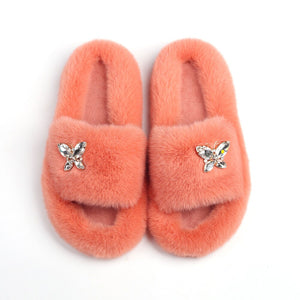 Ailime Designs - Crystal Motif Design White Faux Fur Slippers For Women