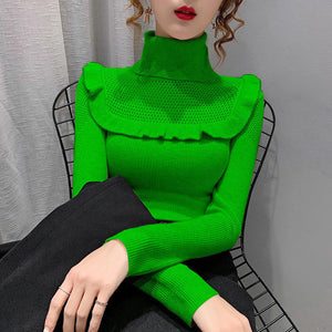 Elegant Women's Green Ruffle Trim Sweaters - Ailime Designs