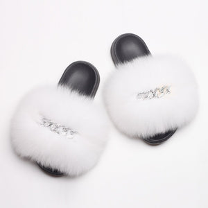 Ailime Designs - Crystal Chain-link Design Genuine Fox Fur Slippers