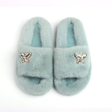 Load image into Gallery viewer, Ailime Designs - Crystal Motif Design White Faux Fur Slippers For Women