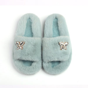 Ailime Designs - Crystal Motif Design White Faux Fur Slippers For Women