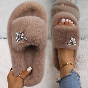 Ailime Designs - Crystal Motif Design White Faux Fur Slippers For Women