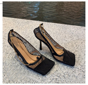 Women's Black Mesh Square Toe Design Pump