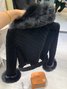 Black Quilted Velvet Women's Fox Fur Jackets - Ailime Design