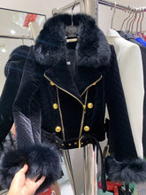 Load image into Gallery viewer, Black Quilted Velvet Women&#39;s Fox Fur Jackets - Ailime Design