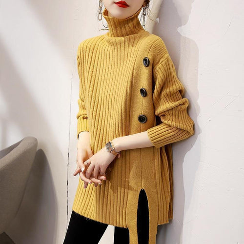 Button Front Yellow Thick Warm Sweaters - Ailime Designs