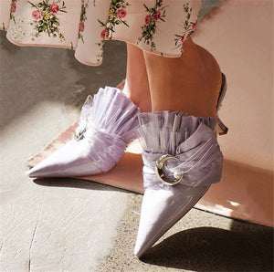 Women's Layered PVC Fan Fold Design Rhinestone Buckle Mules