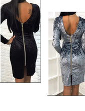 Load image into Gallery viewer, Velveteen Women&#39;s Deep Plunge neck Long Sleeve Dresses w/ Zipper Front - Ailime Designs