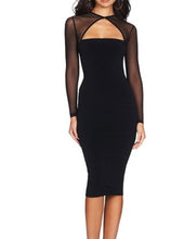 Load image into Gallery viewer, Sexy Black Hollow-out Body con Dress w/ Sheer Sleeves &amp; Front Panel - Ailime Designs