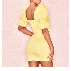 Women's Yellow Bandeau Puff Off-Shoulder Sleeve Dresses