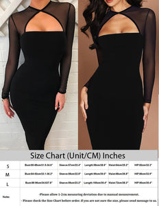 Sexy Black Hollow-out Body con Dress w/ Sheer Sleeves & Front Panel - Ailime Designs