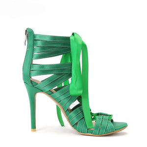 Green Ribbon Ankle Lace Design High Heels - Ailime Designs