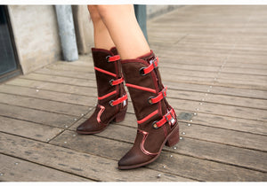 Women's Cowboy Strap Design Genuine Leather Riding Boots