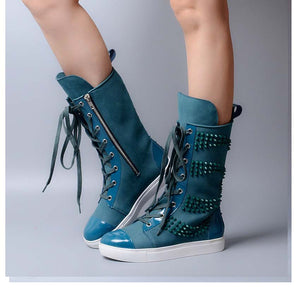 Women's Colorful Rivet Design Leather Skin Ankle Boots