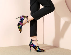 Women's Graffiti Print Design Strap Ankle Pumps