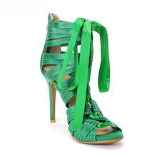 Load image into Gallery viewer, Green Ribbon Ankle Lace Design High Heels - Ailime Designs