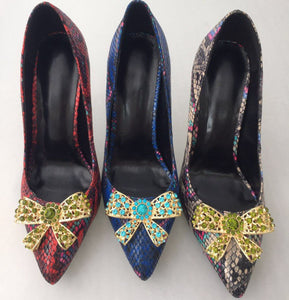 Women's Classic Leather Snake Skin Design Bow-Knot Pumps