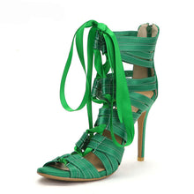 Load image into Gallery viewer, Green Ribbon Ankle Lace Design High Heels - Ailime Designs