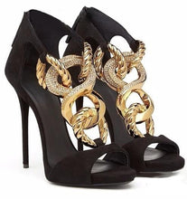 Load image into Gallery viewer, Nu-buck Gold Link Ornament Design Heels - Ailime Designs