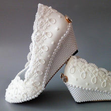 Load image into Gallery viewer, Women’s Beautiful Lace &amp; Pearl Design Wedges – Fashion Footwear