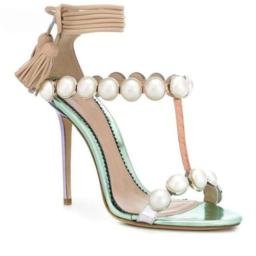 Faux Pearl Design Strap Tie Lace Heels - Ailime Designs