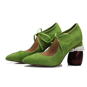 Women's Lace Tie Ultra Suede Mary Jane Style Pumps