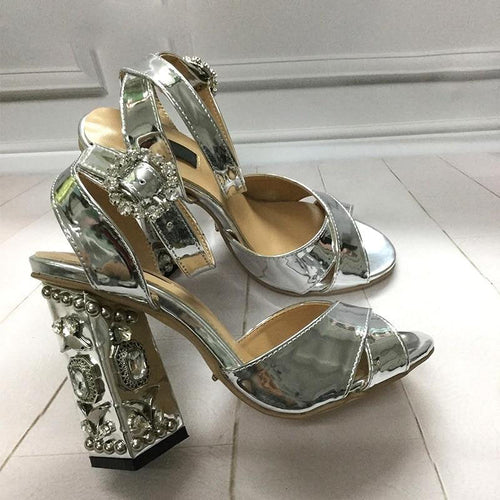 Silver Metallic Crystal Heel Trim Design Sling-back Heels - Ailime Designs