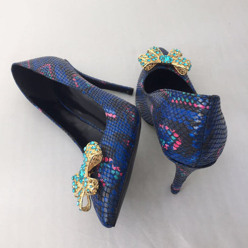 Women's Classic Leather Snake Skin Design Bow-Knot Pumps