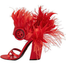 Load image into Gallery viewer, Red Satin Feather Trim Design Sling-backs - Ailime Designs