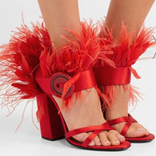 Load image into Gallery viewer, Red Satin Feather Trim Design Sling-backs - Ailime Designs