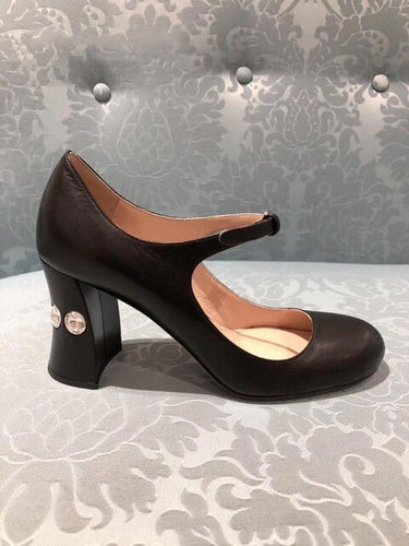 Retro Patent Leather Strap & Rhinestone Heel Trim Mary Jane Pumps